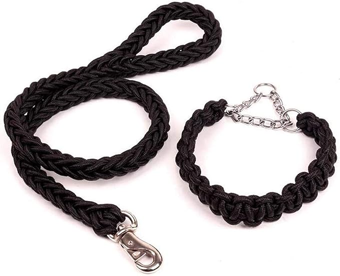 مجموعة طوق ومقود للكلاب، بتصميم نسيج محبوك متين، من النايلون بثمانية جدائل مضفرة، حبل تدريب على المشي للحيوانات الأليفة، طوق بمقبض مانع للانزلاق للكلاب الكبيرة والكبيرة جدًا (أسود وأزرق)