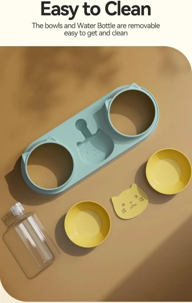 وعاء طعام أوتوماتيكي للقطط والكلاب مع نافورة مياه – وعاء مزدوج للشرب والطعام – حامل أوعية للحيوانات الأليفة (بينك)